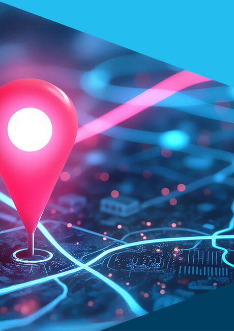 Das Keyvisual der BayKommun Roadshow 2026 in Augsburg, Fürth und Deggendorf, das einen rot leuchtenden Marker auf einer digitalen Karte zeigt.