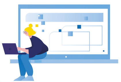 Eine Grafik, die illustrativ eine Mitarbeiterin einer Kommune mit einem Laptop vor einem übergroß dargestellten Bildschirm zeigt.